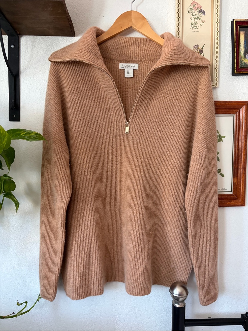 Rachel Zoe 100% Cashmere (2 ply) Quarter Zip Sweater Pullover Camel/Tan – Size L